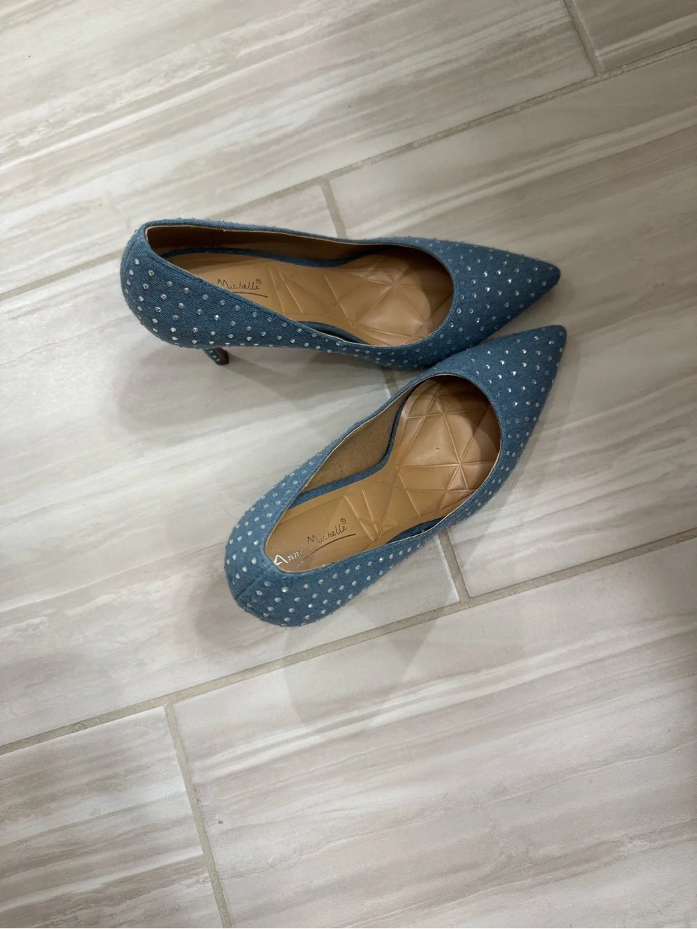 Anne Michelle Blue Denim Pointed Toe Rhinestone Stiletto Pumps